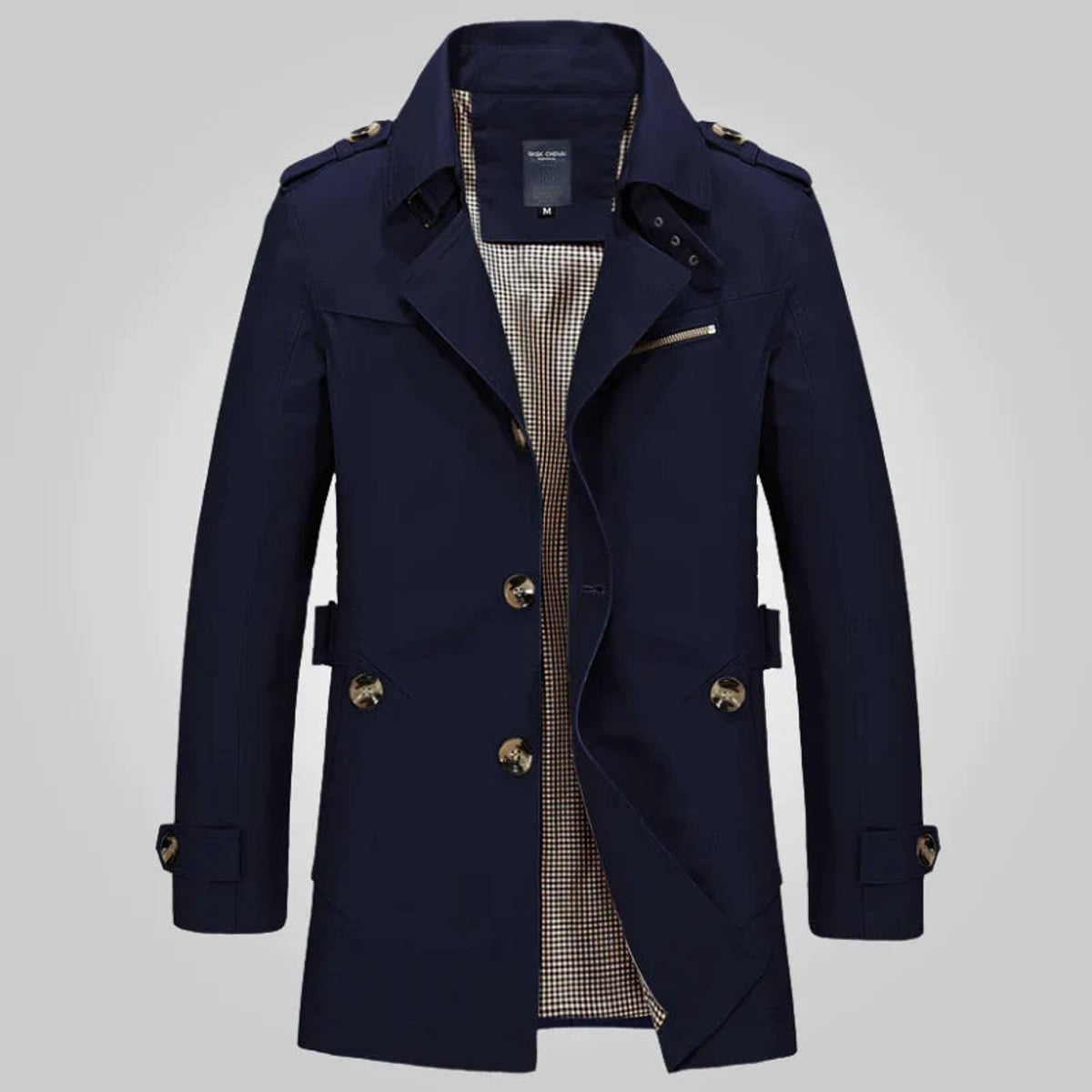 heren getailleerde trenchcoat met revers in donkerblauw