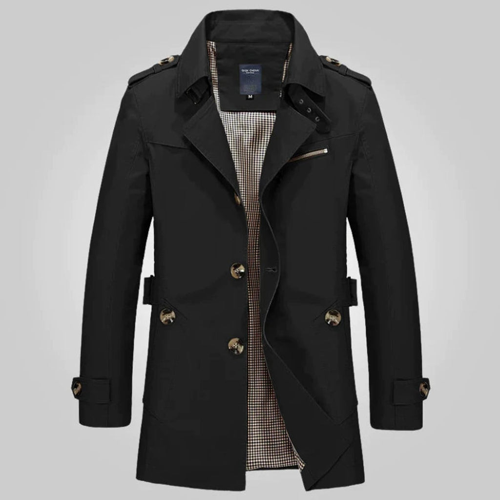 heren getailleerde trenchcoat met revers in zwart