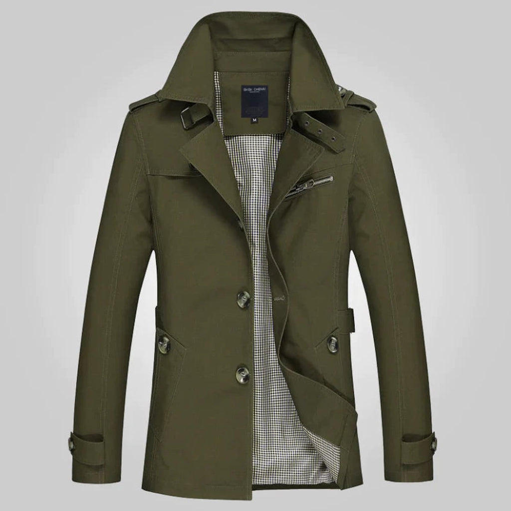 heren getailleerde trenchcoat met revers in groen