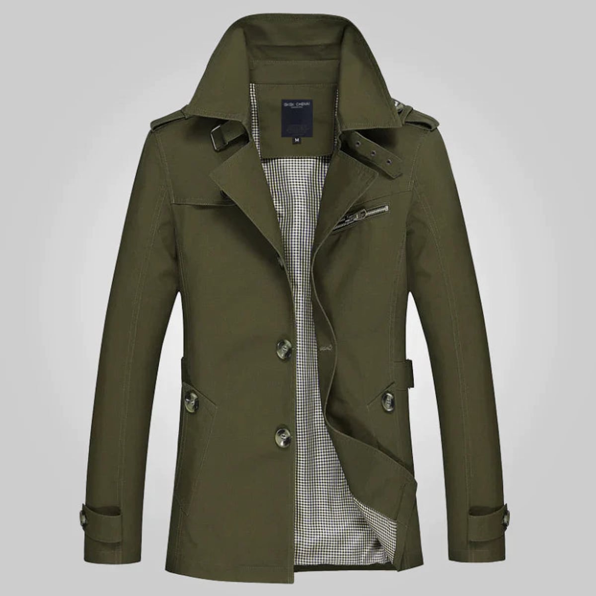 heren getailleerde trenchcoat met revers in groen