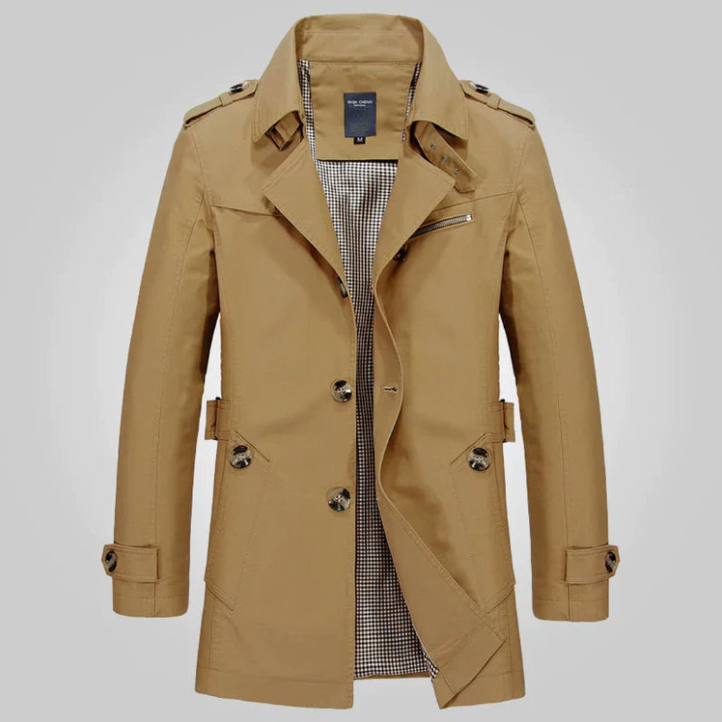heren getailleerde trenchcoat met revers in bruin