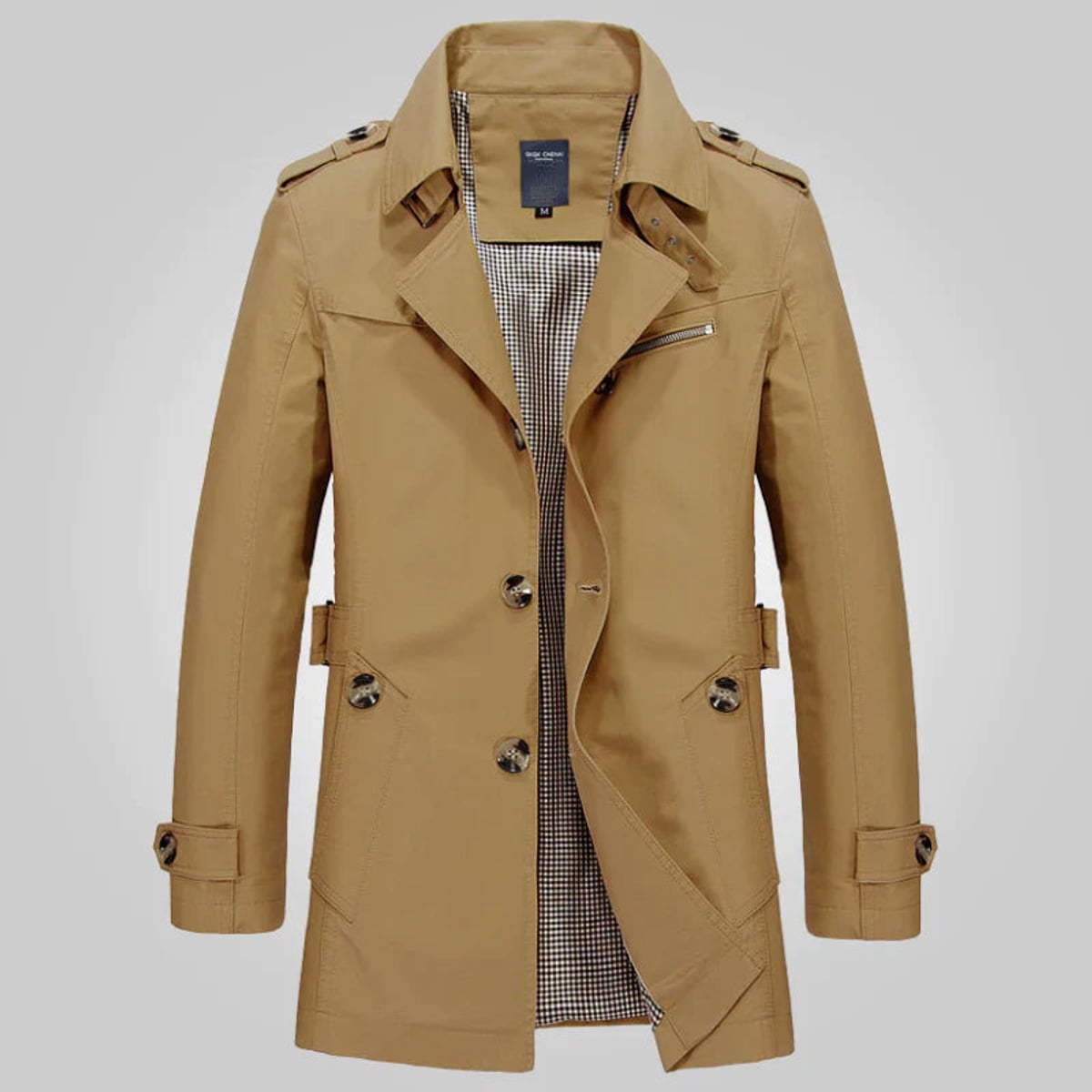 heren getailleerde trenchcoat met revers in bruin