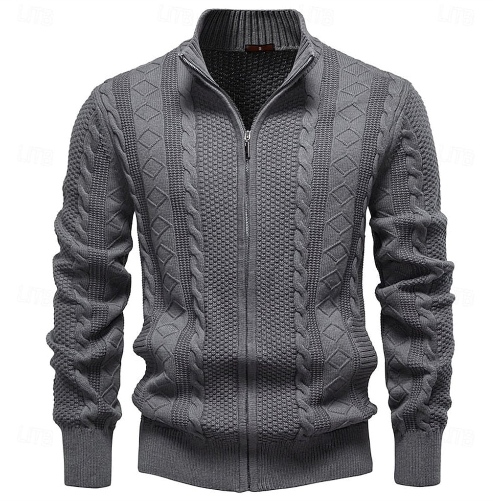 heren getailleerde zip-up cardigan met staande kraag in donkergrijs