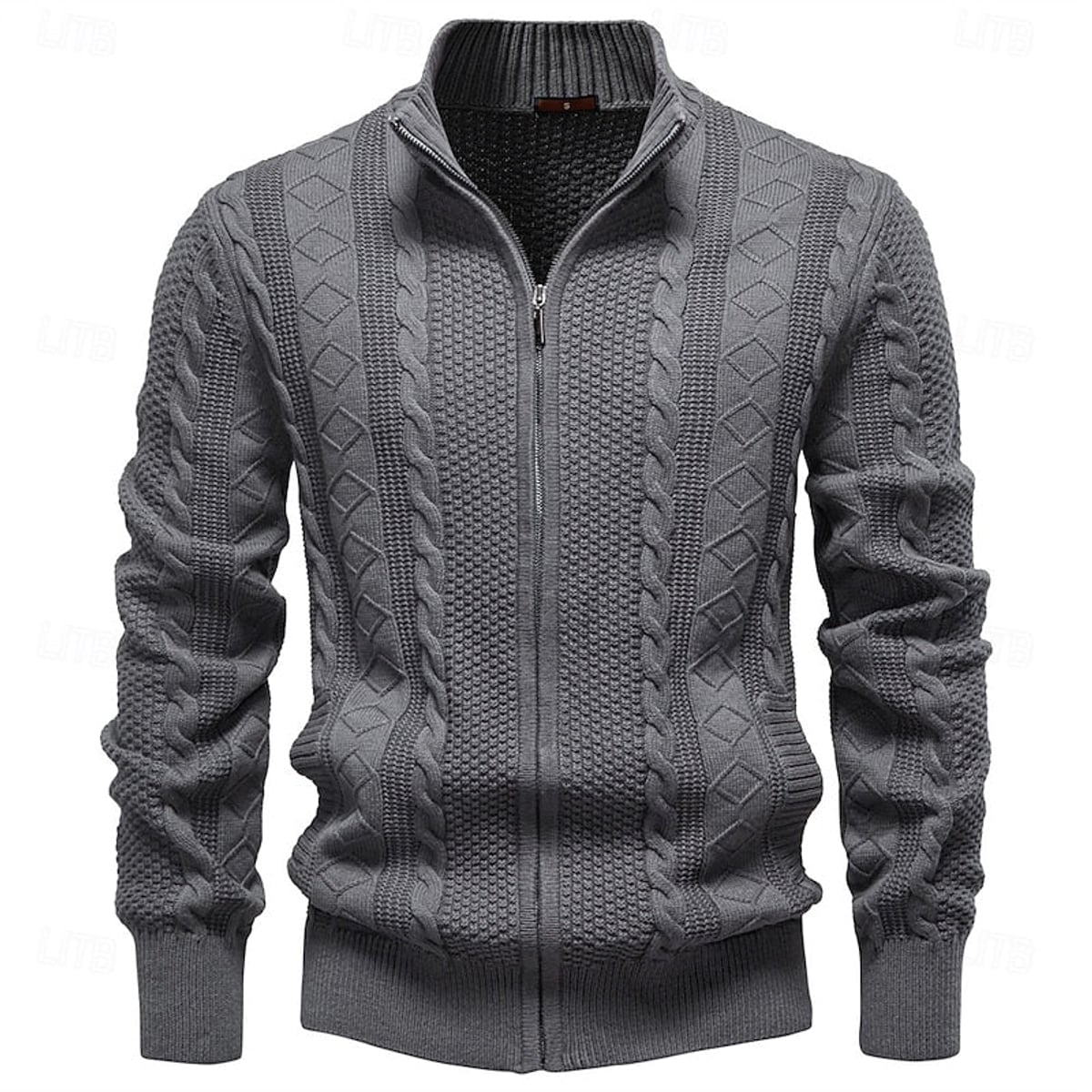 heren getailleerde zip-up cardigan met staande kraag in donkergrijs