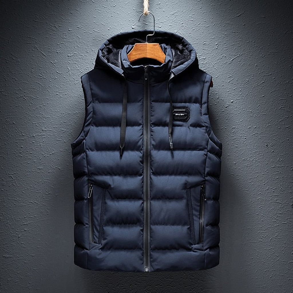 heren gewatteerd vest met afneembare capuchon in blauw