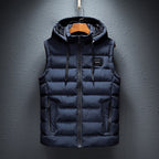 heren gewatteerd vest met afneembare capuchon in blauw