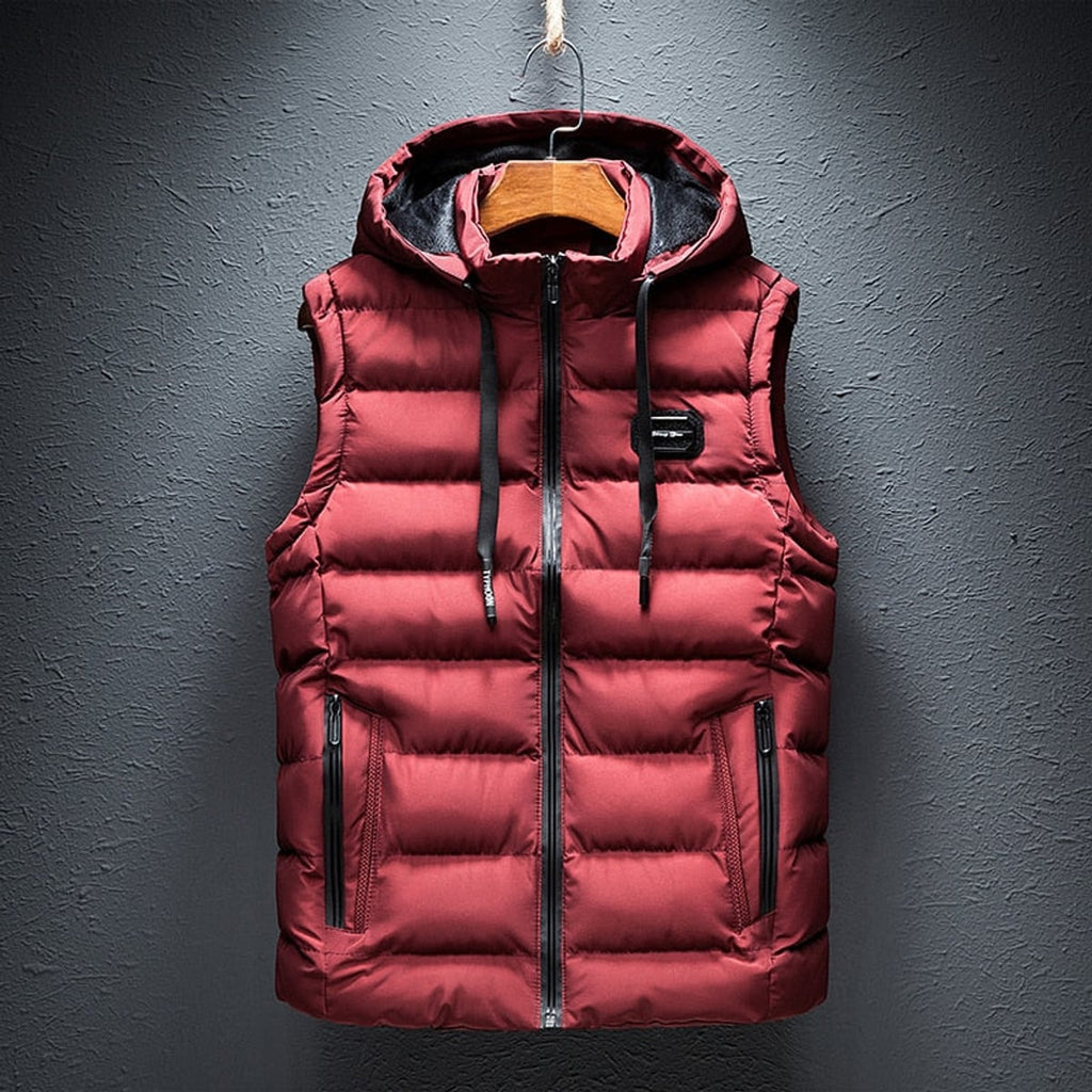 heren gewatteerd vest met afneembare capuchon in rood