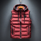 heren gewatteerd vest met afneembare capuchon in rood