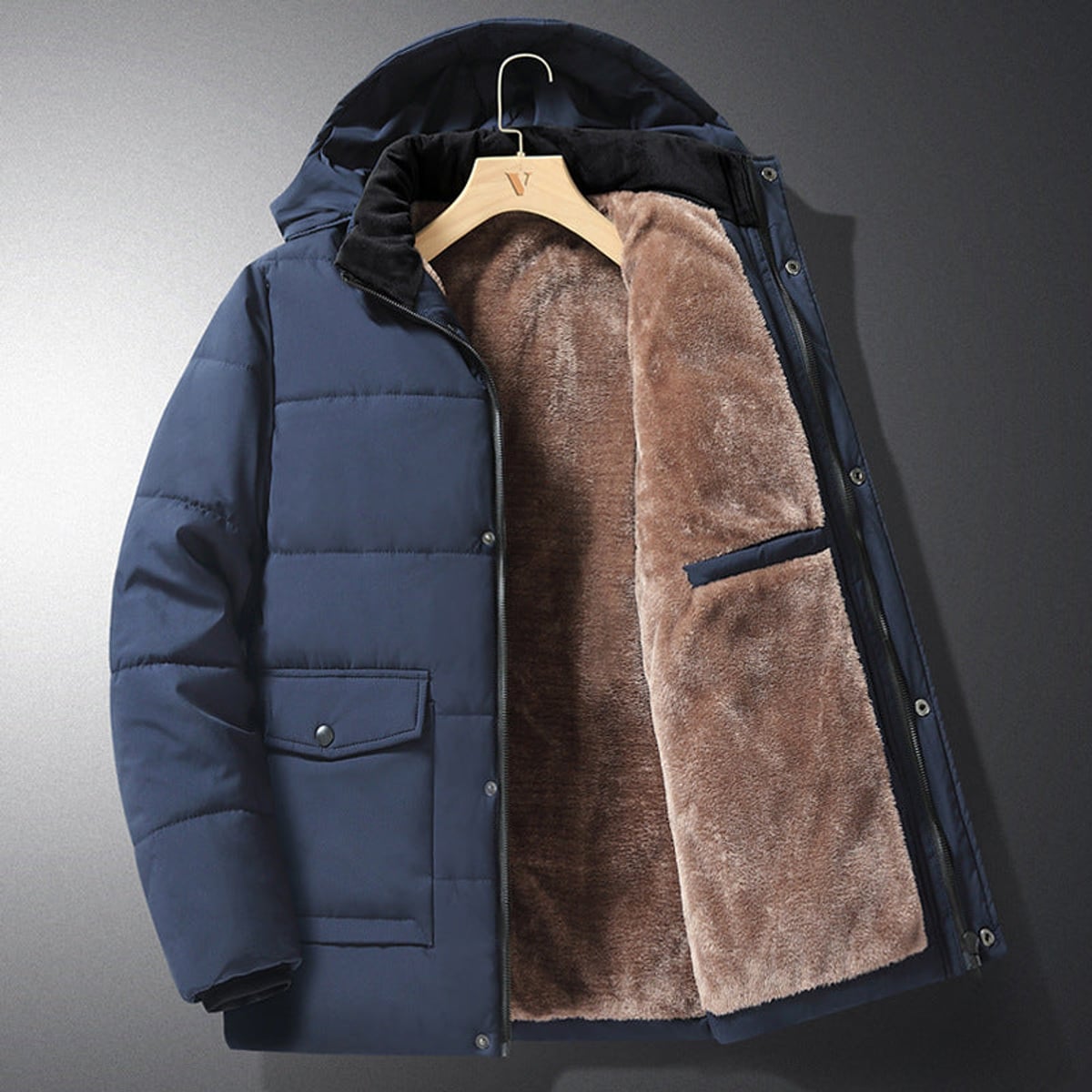 heren gewatteerde jas met capuchon blauw