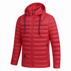 heren gewatteerde jas met capuchon in rood