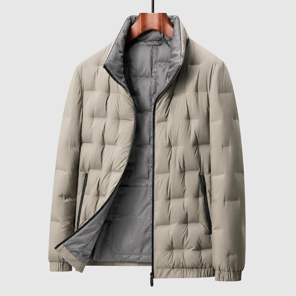 heren gewatteerde jas met staande kraag en slanke pasvorm in beige