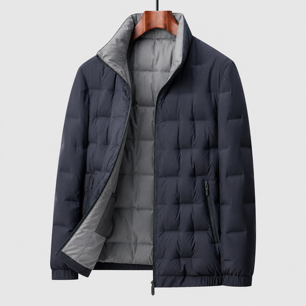 heren gewatteerde jas met staande kraag en slanke pasvorm in blauw