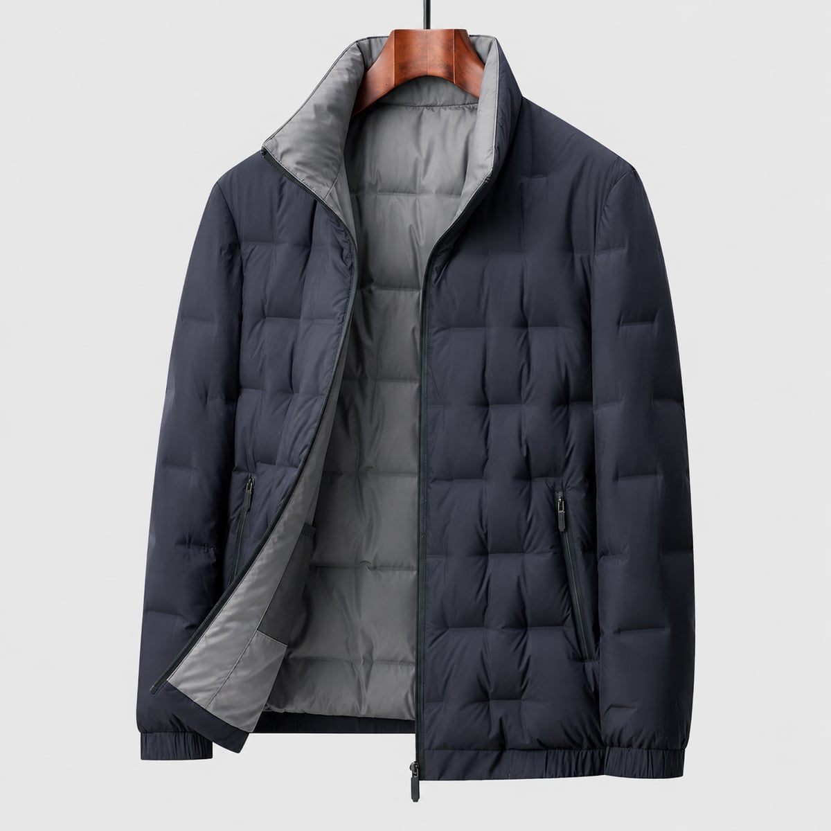 heren gewatteerde jas met staande kraag en slanke pasvorm in blauw