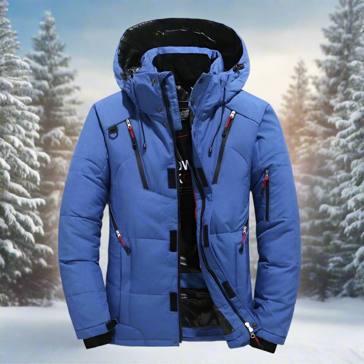 heren gewatteerde winterjas met afneembare capuchon blauw