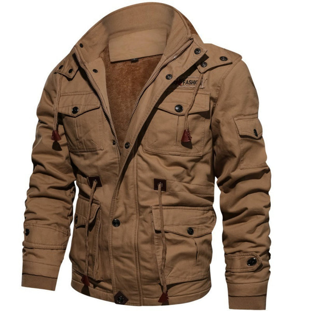 heren gewatteerde zip-up jas met staande kraag in khaki