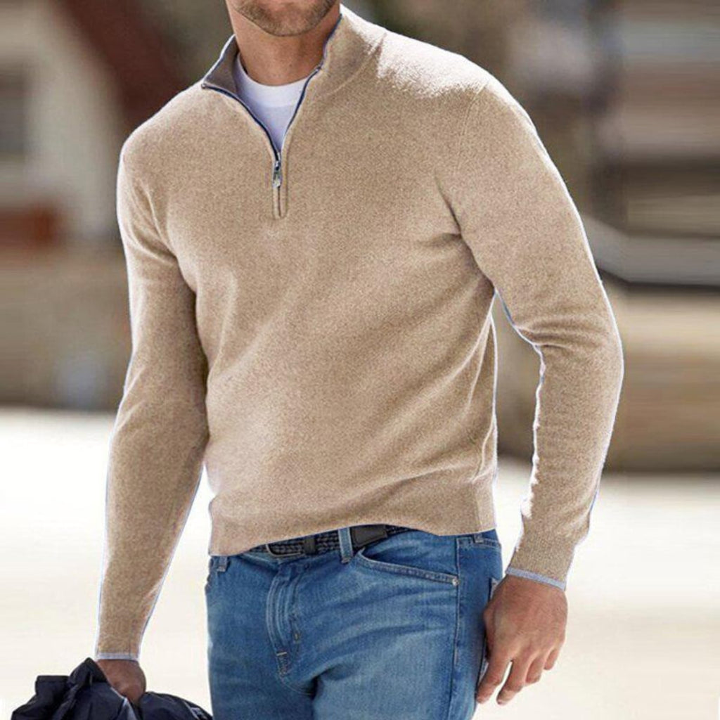 heren half-zip pullover met staande kraag in beige