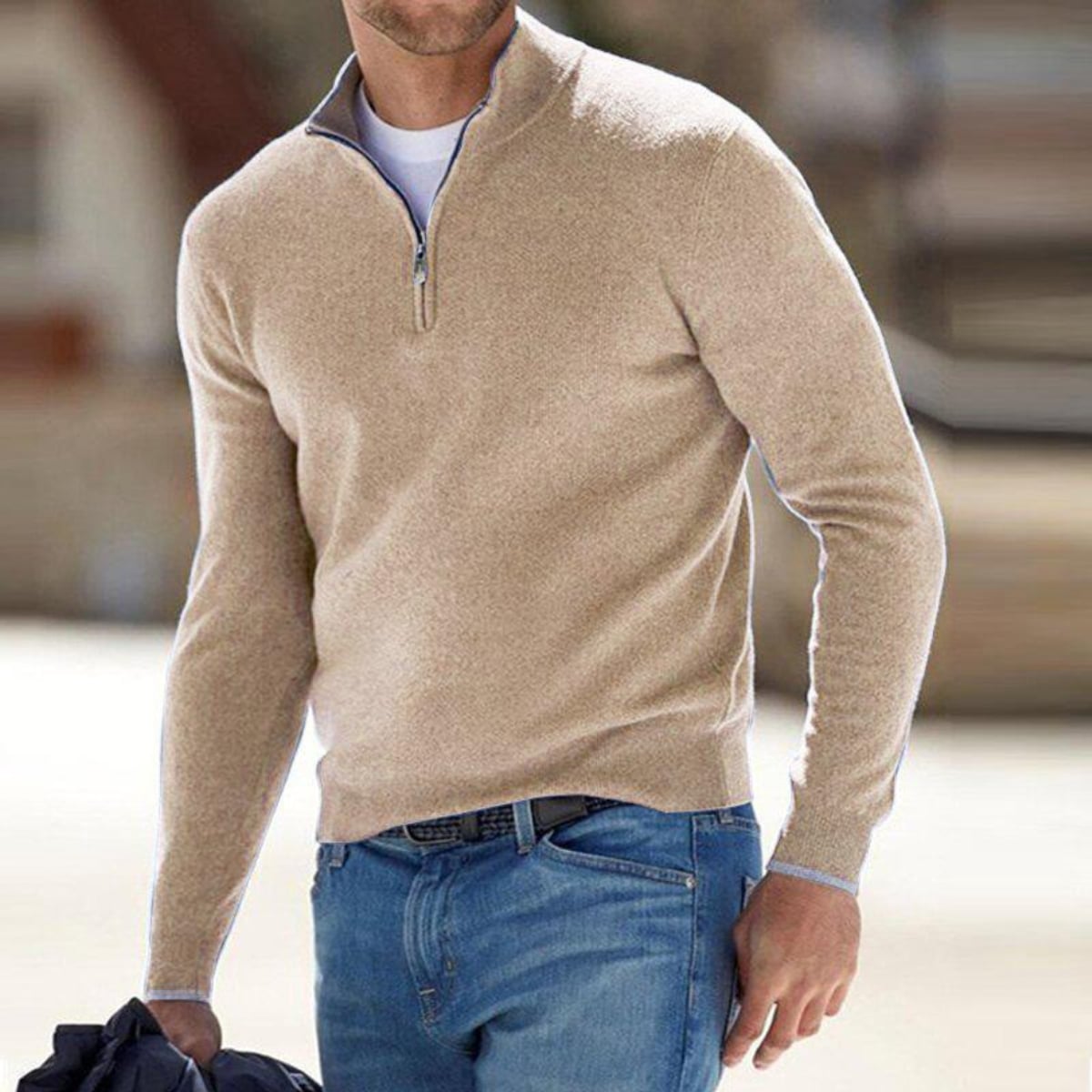 heren half-zip pullover met staande kraag in beige