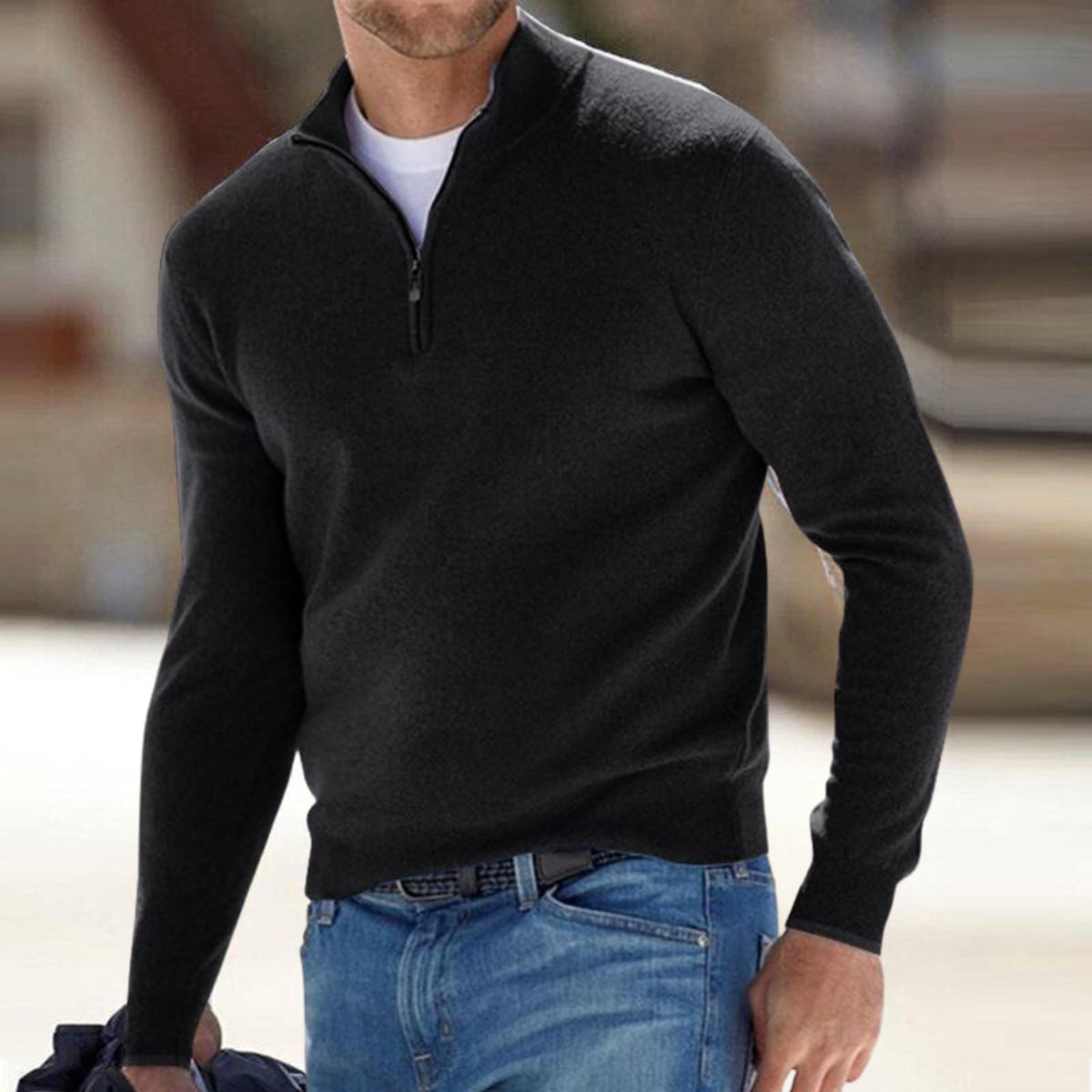 heren half-zip pullover met staande kraag in zwart