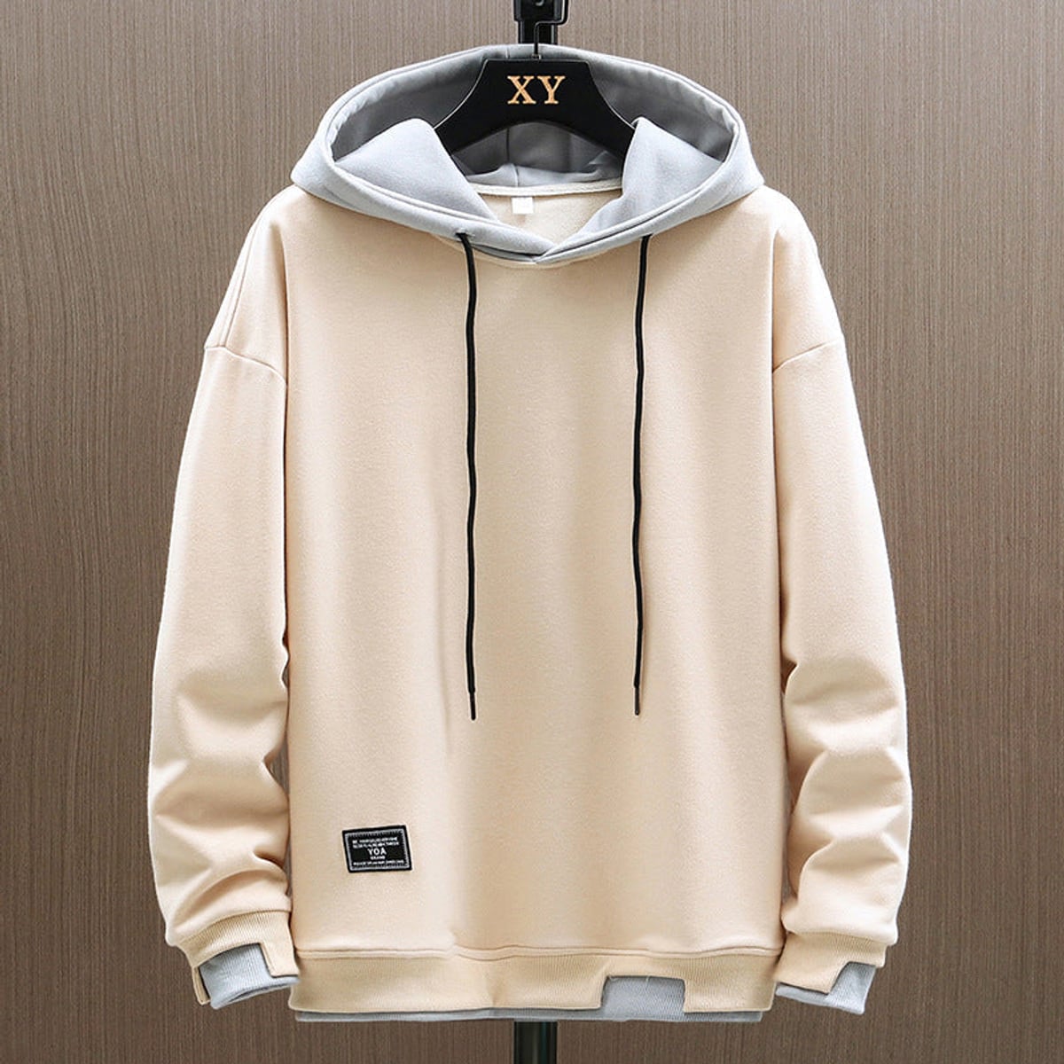 heren hoodie met contrasterende capuchon in beige