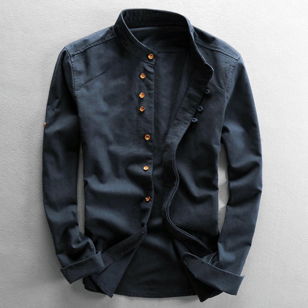 heren japan style overhemd met staande kraag in marine