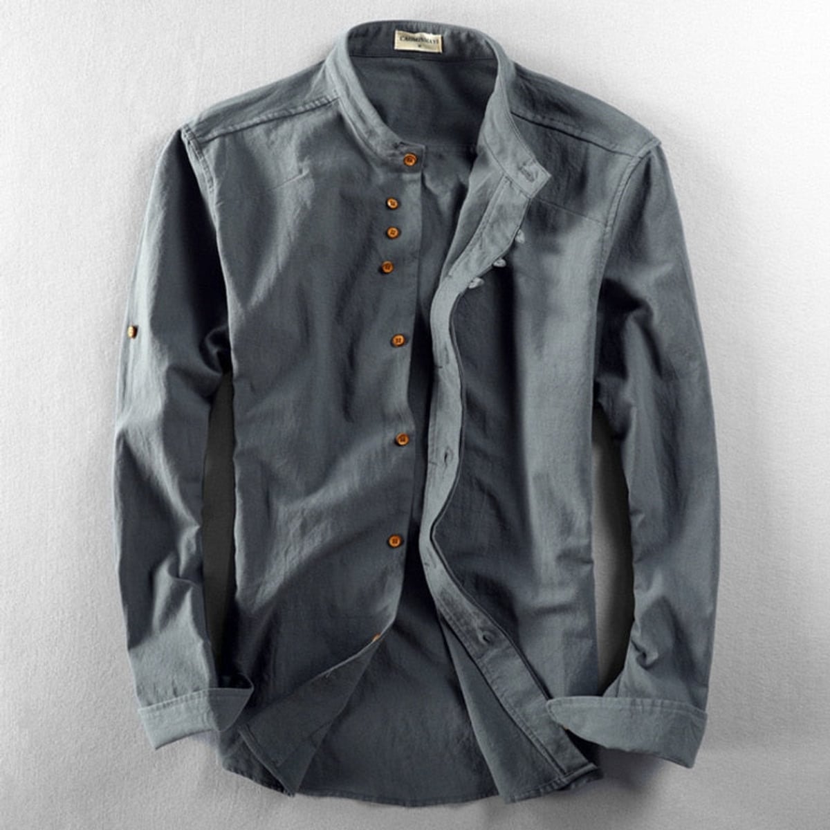 heren japan style overhemd met staande kraag in antraciet