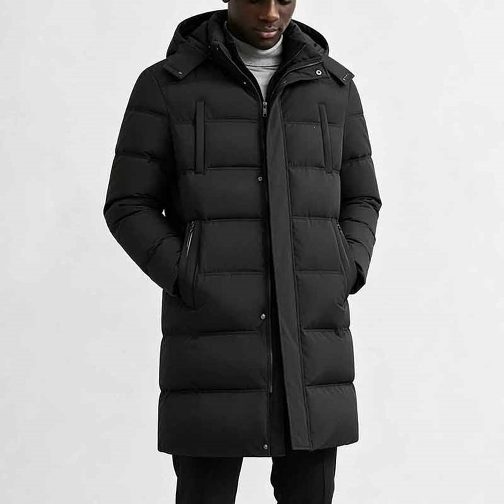heren longline puffer jas met capuchon zwart