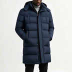 heren longline puffer jas met capuchon blauw