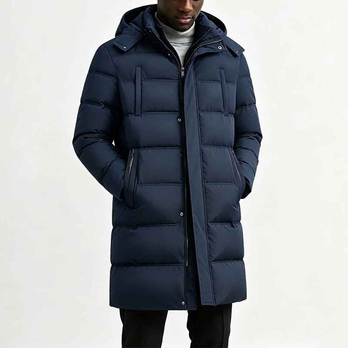 heren longline puffer jas met capuchon blauw