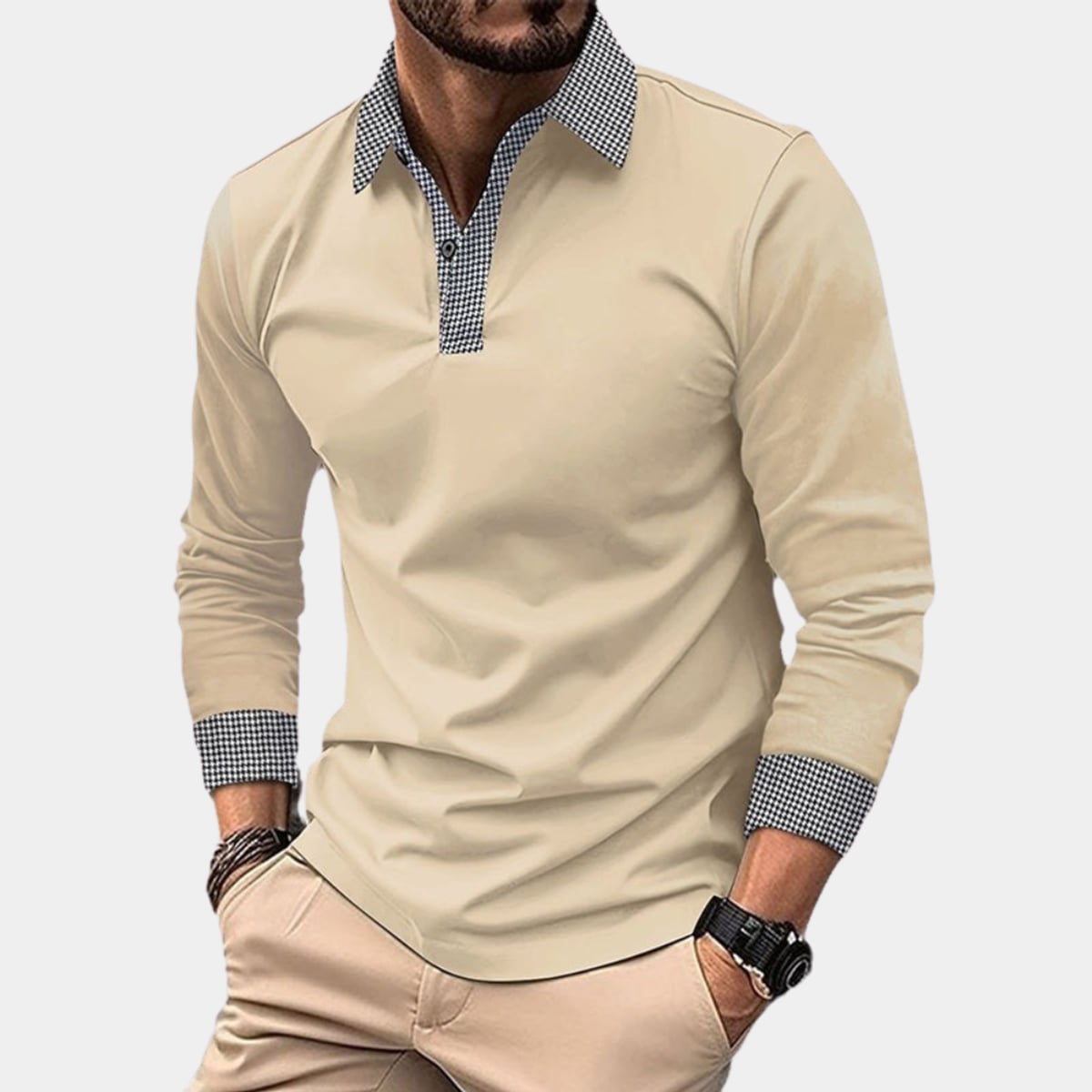 heren longsleeve polo met geruit detail in abrikoos
