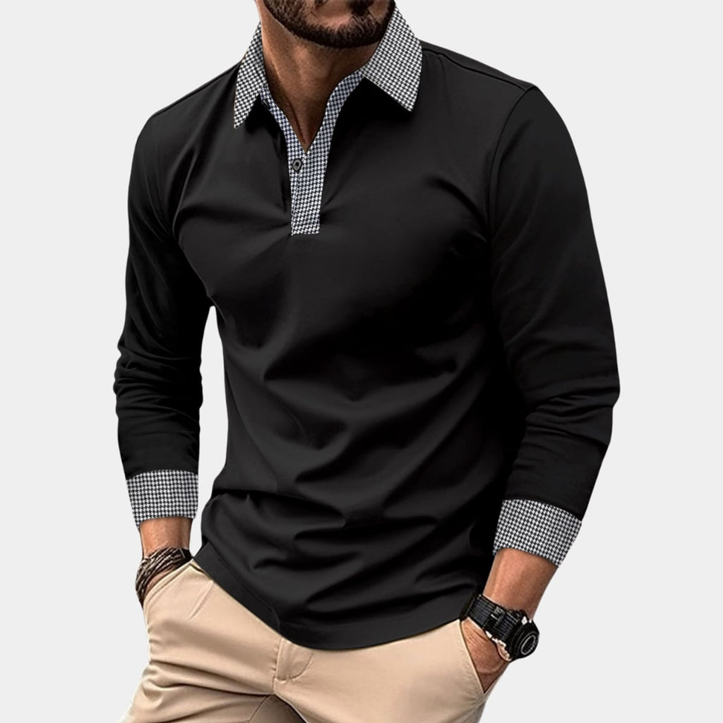 heren longsleeve polo met geruit detail in zwart