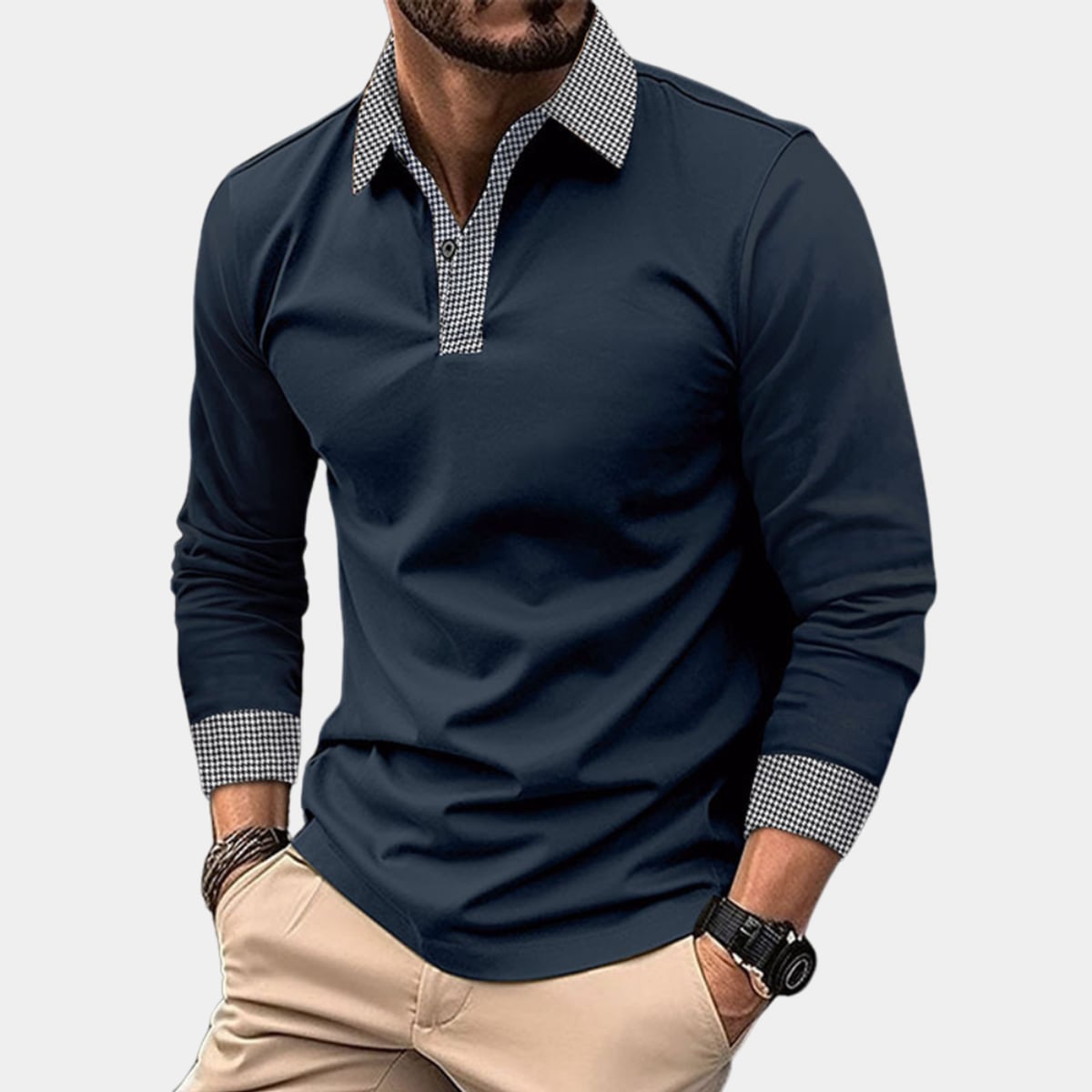 heren longsleeve polo met geruit detail in marine