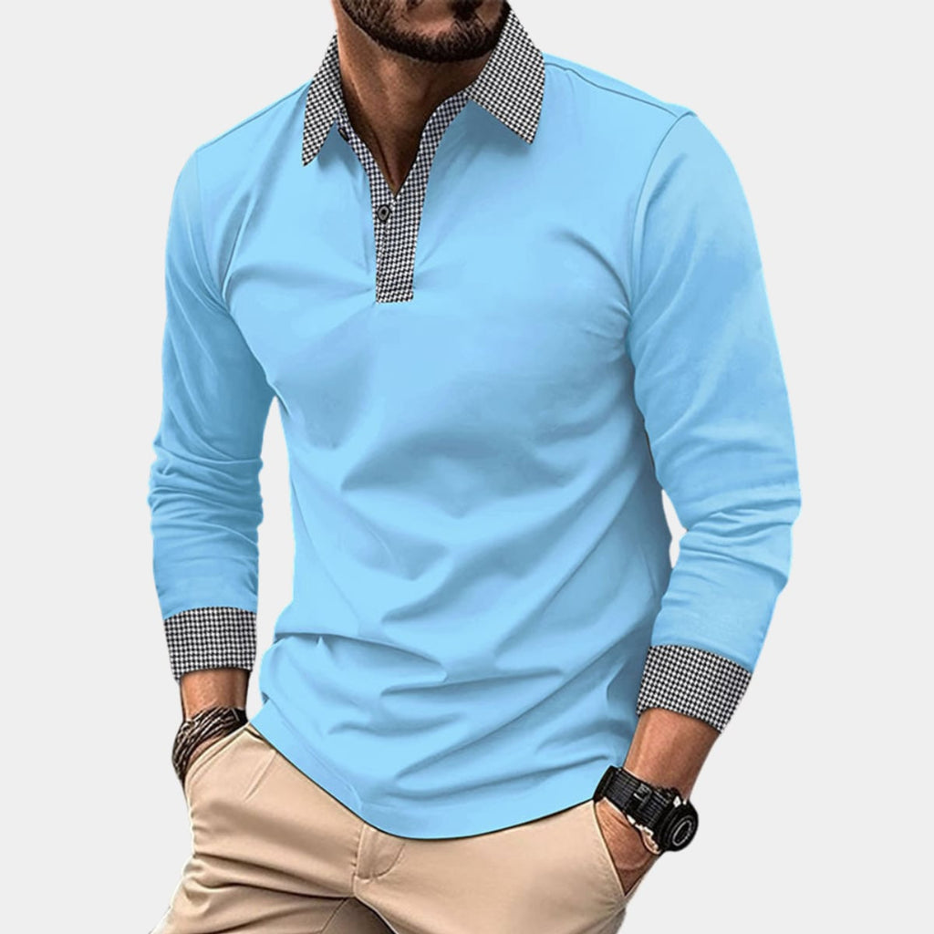 heren longsleeve polo met geruit detail in hemelsblauw