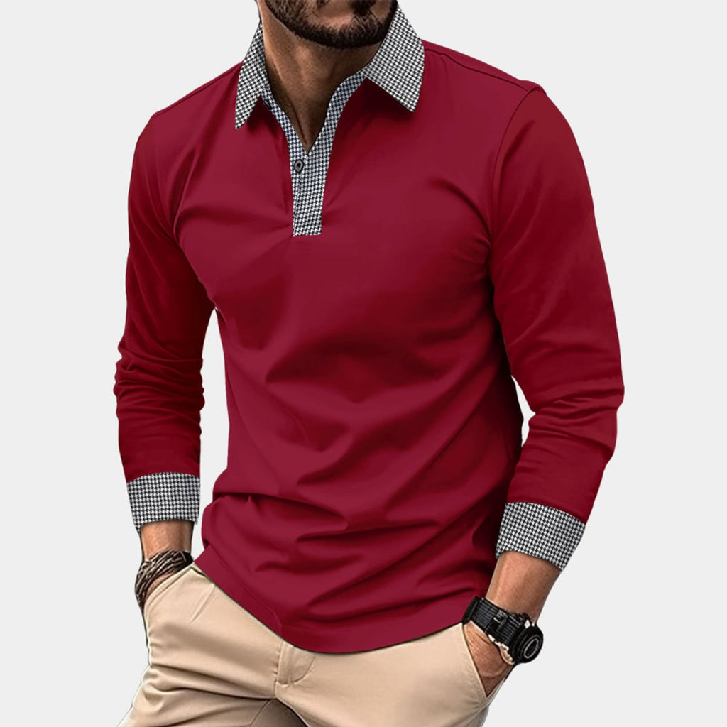 heren longsleeve polo met geruit detail in bordeaux