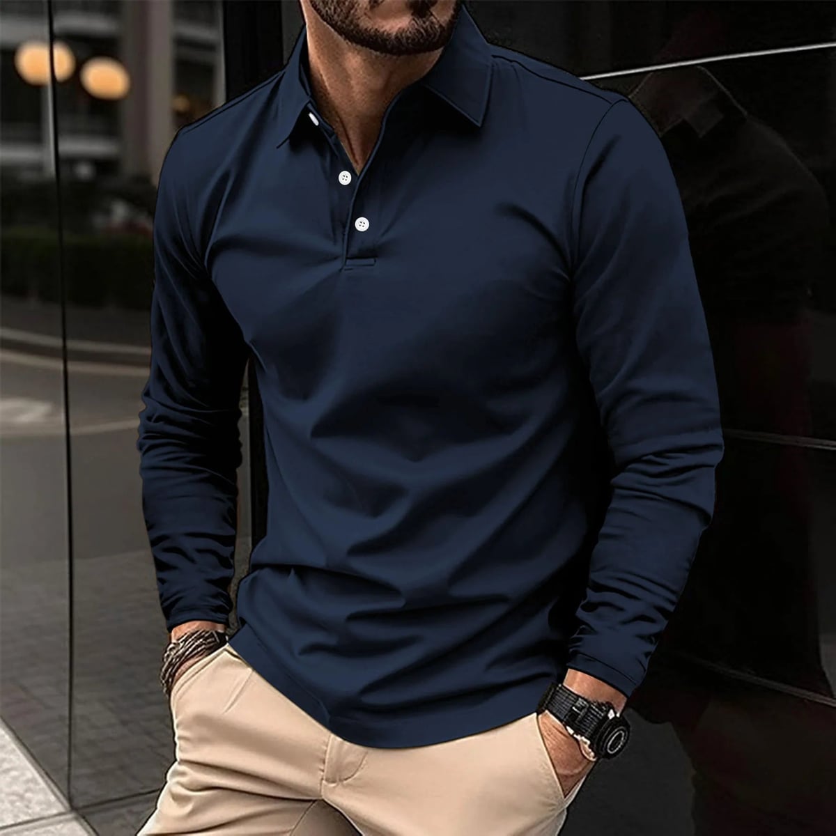 heren longsleeve polo met klassieke polokraag in marineblauw