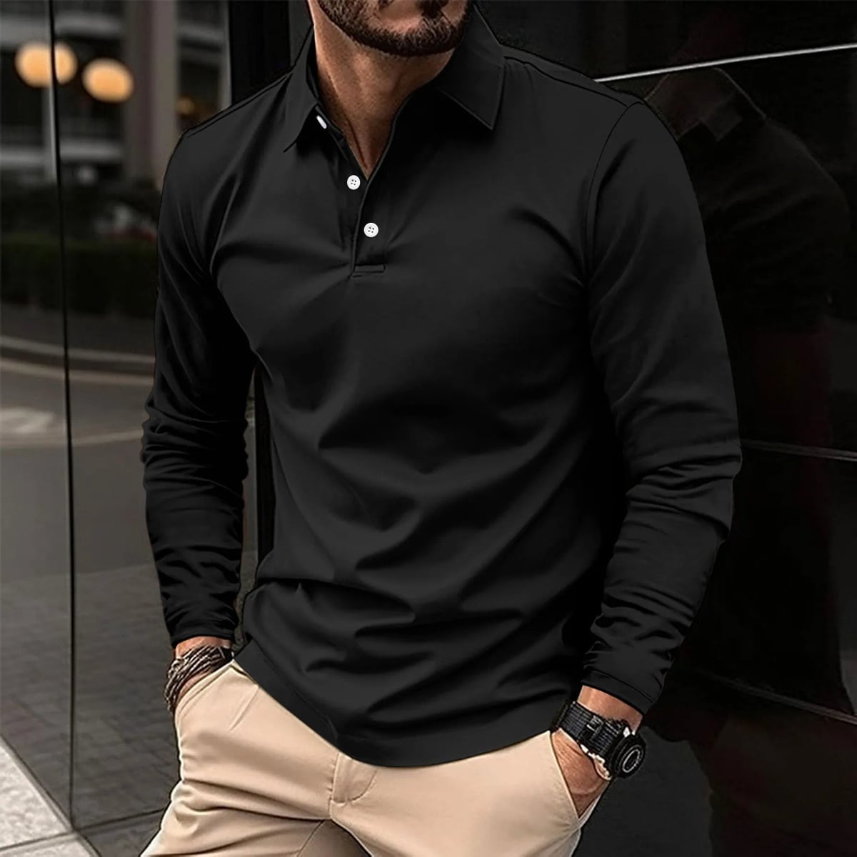 heren longsleeve polo met klassieke polokraag in zwart