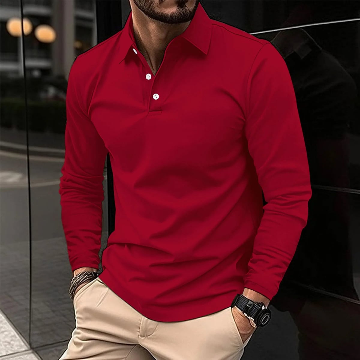 heren longsleeve polo met klassieke polokraag in rood