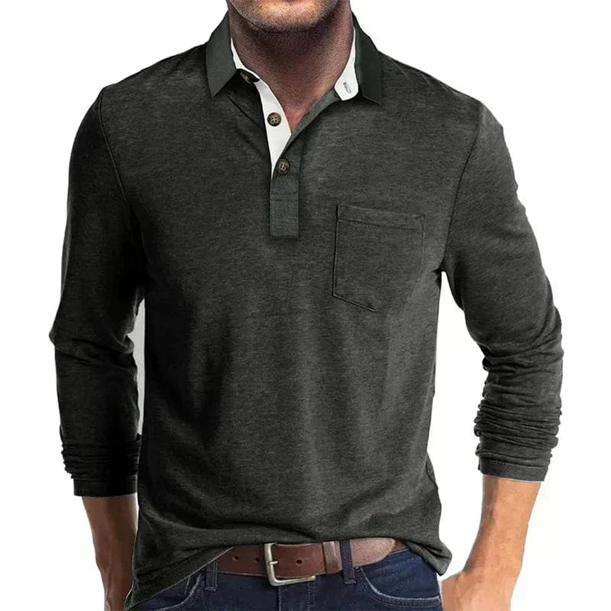 heren longsleeve polo met polokraag in donkergrijs