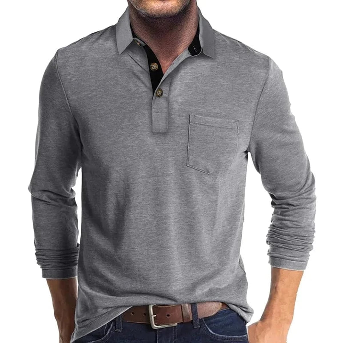 heren longsleeve polo met polokraag in lichtgrijs