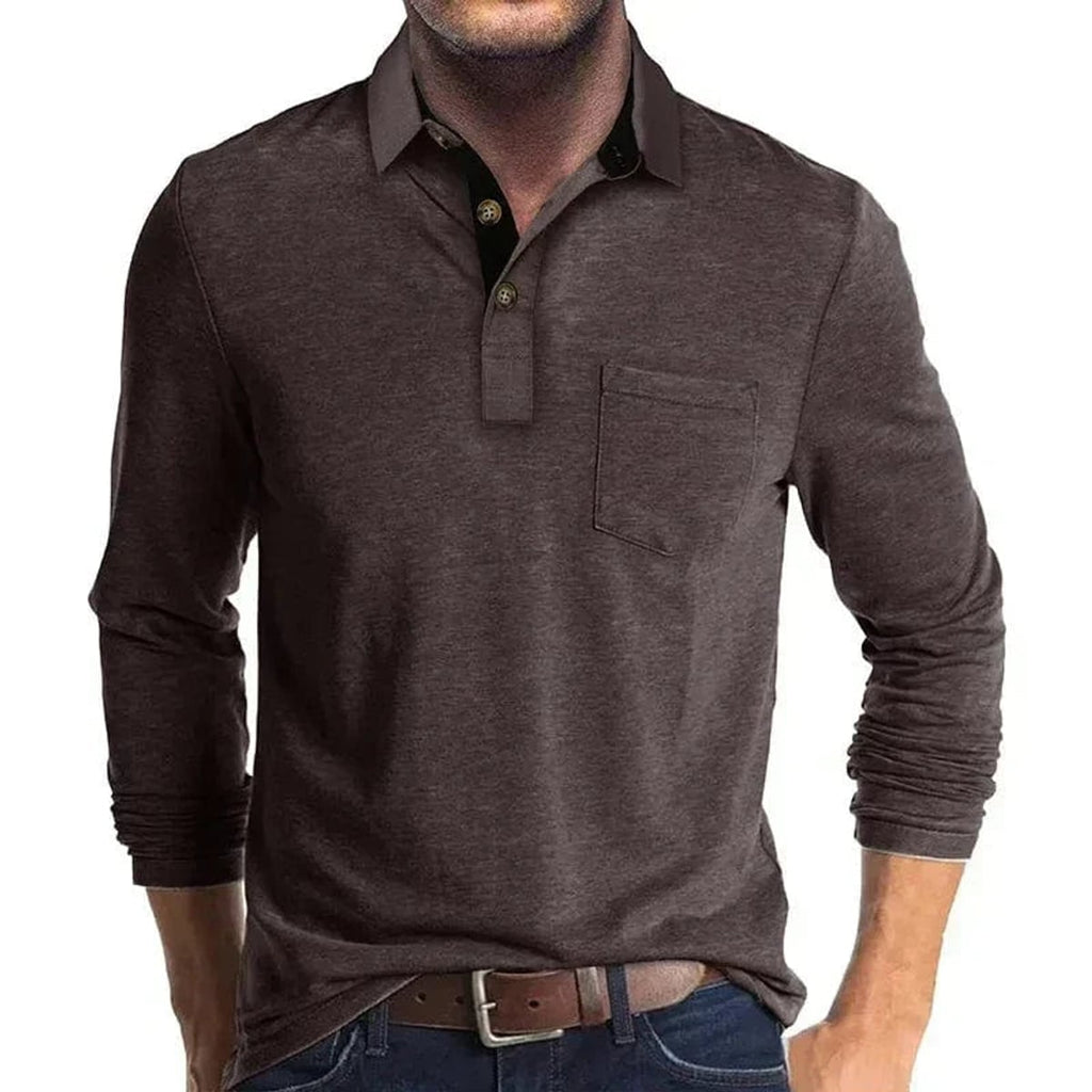 heren longsleeve polo met polokraag in donkerbruin