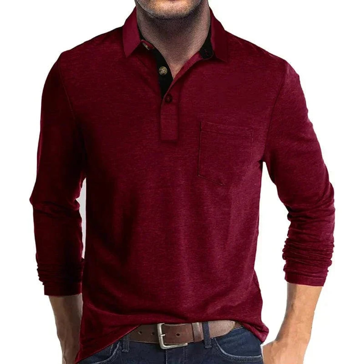 heren longsleeve polo met polokraag in rood