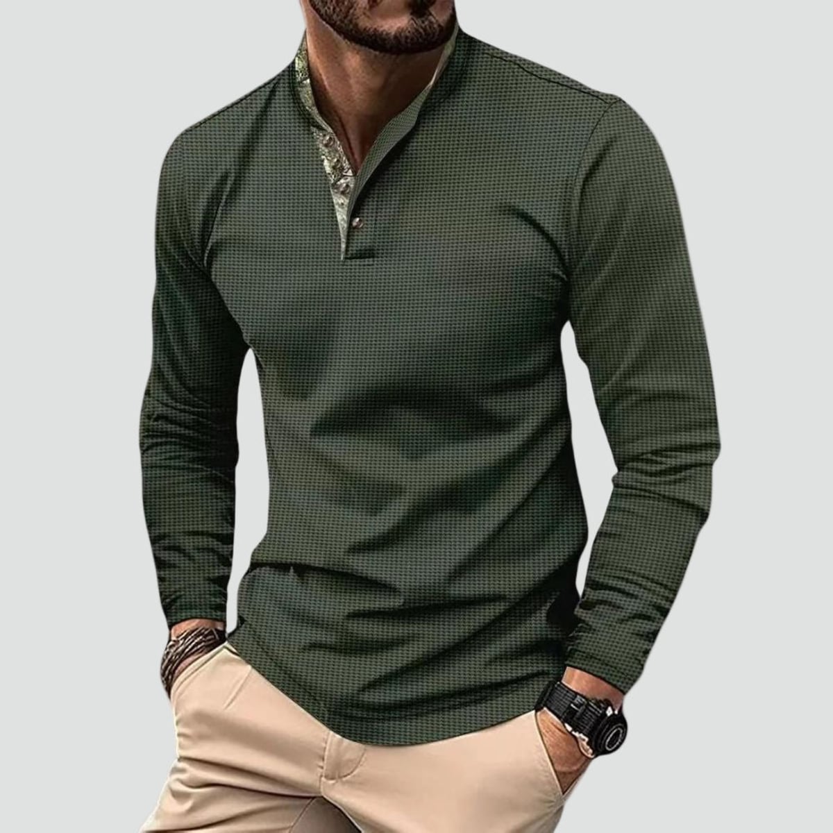 heren longsleeve polo met staande kraag in legergroen