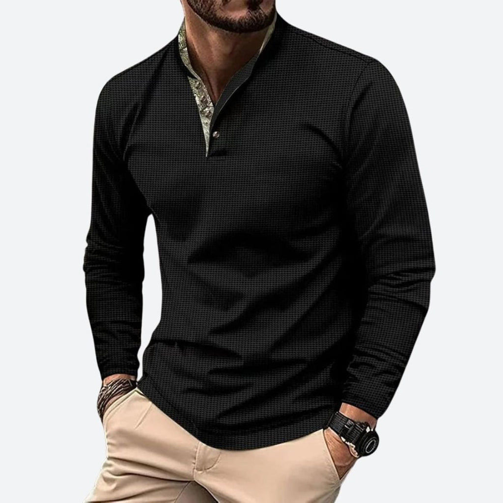 heren longsleeve polo met staande kraag in zwart