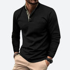 heren longsleeve polo met staande kraag in zwart