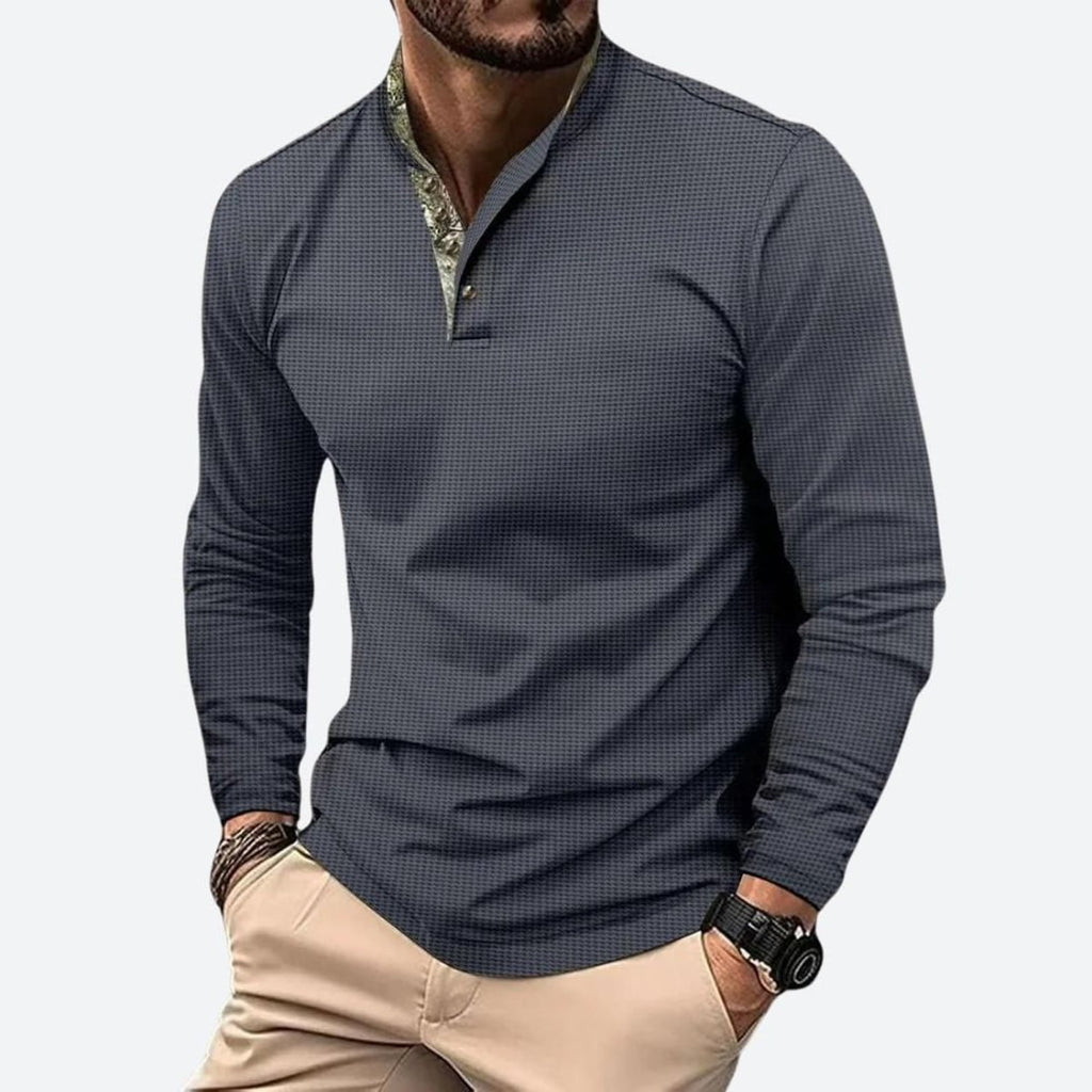 heren longsleeve polo met staande kraag in grijs