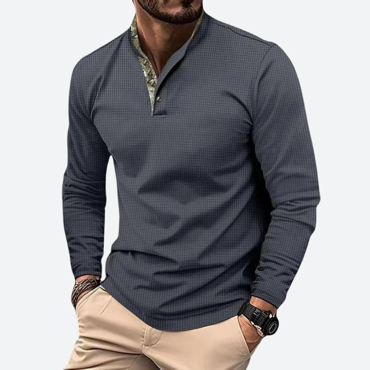 heren longsleeve polo met staande kraag in grijs