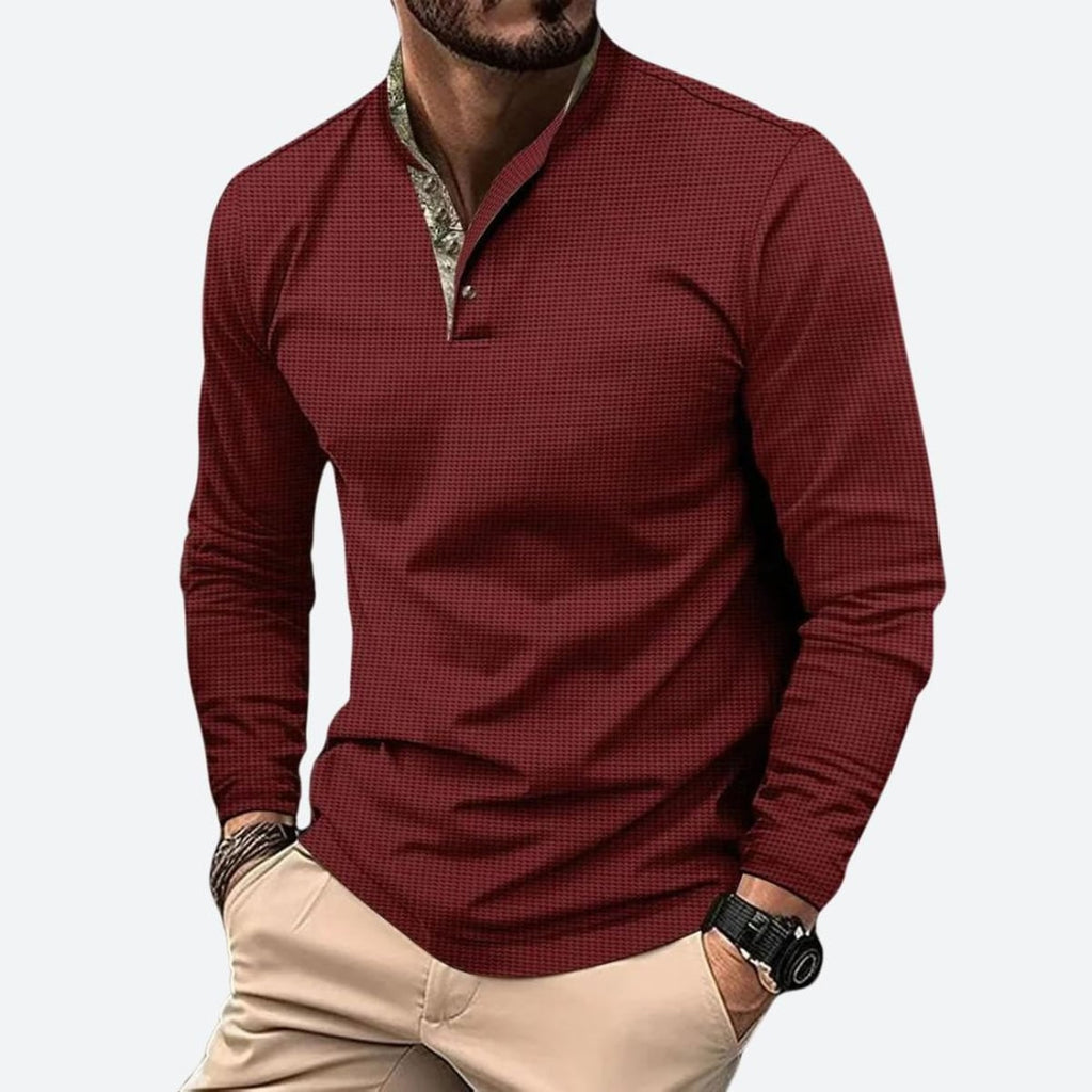 heren longsleeve polo met staande kraag in rood