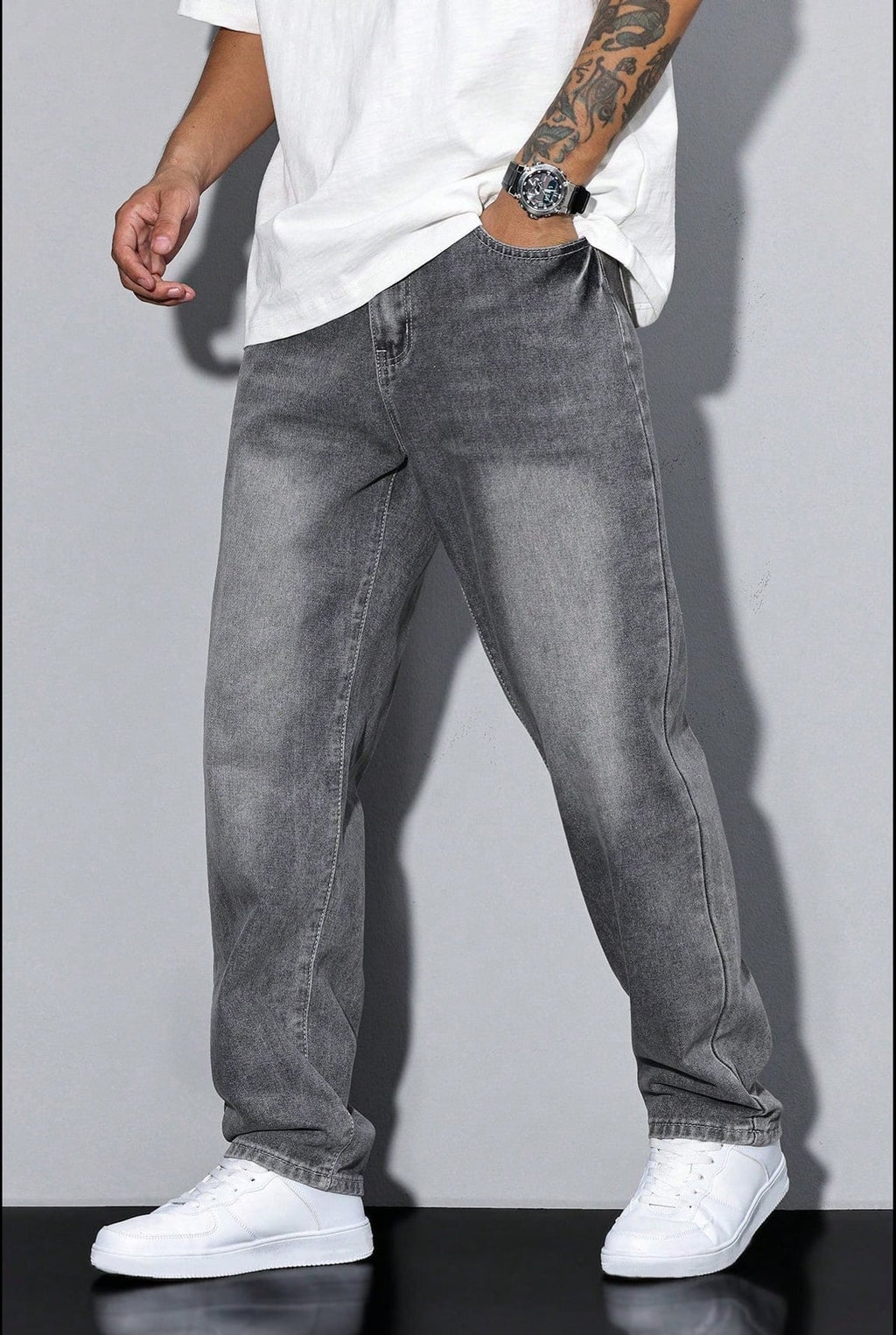 heren loose fit straight leg broek in gewassen grijs