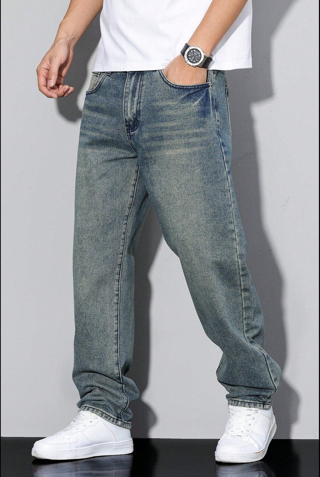 heren loose fit straight leg broek in blauw grijs