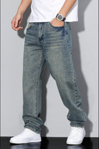 heren loose fit straight leg broek in blauw grijs