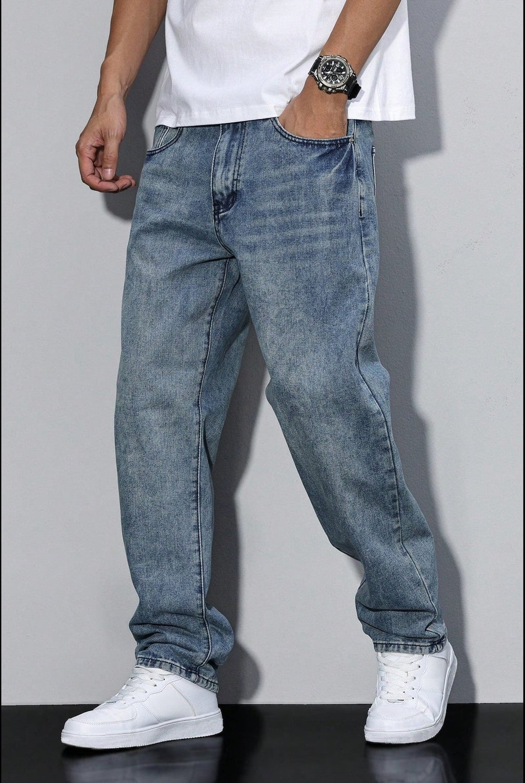 heren loose fit straight leg broek in gewassen blauw